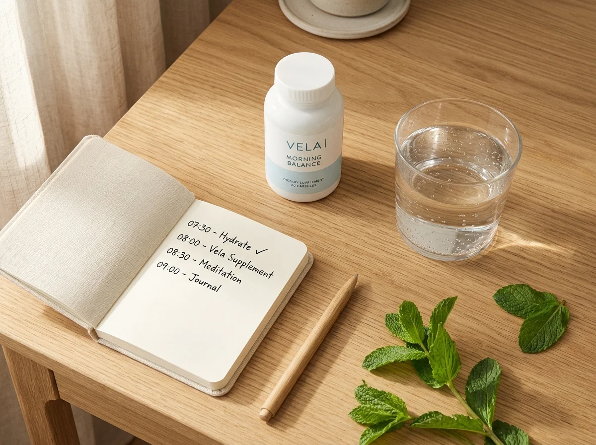 Morgonrutin med Alpha Drive - glas vatten, kapselburk och checklista